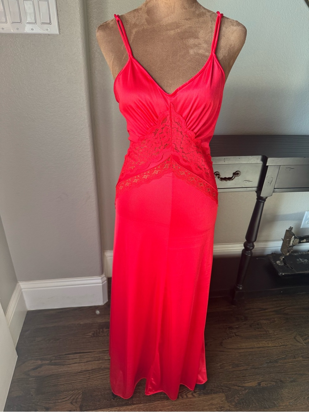 Vintage Red Lace Negligee Nylon JCPenney Slip Dress S Boudoir Lingerie Sexy